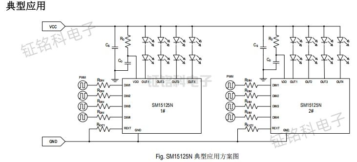 SM15125N四通道恒流驱动标杆 80V宽压+±3%高精度(图1) SM15125N 典型应用方案图.jpg